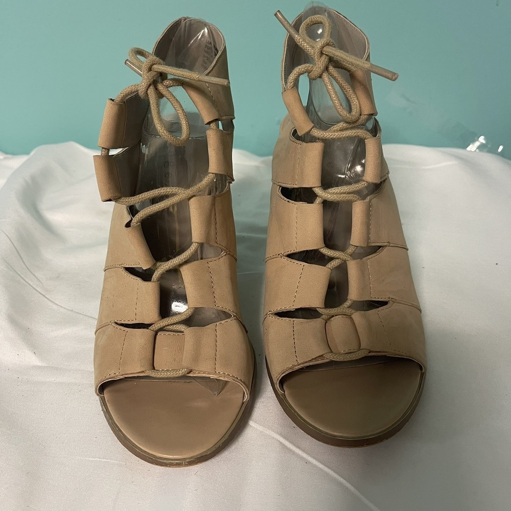 Hinge Beige‎ Suede Lace-up Open-toe Block Heel Shoes Women Size 7.5 S-356